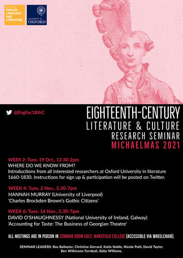 Poster of the termcard [plaintext written in this section]. A black background, with a pink banner section at the top of an engraving of the Chevalier D'Eon bisected vertically down the middle in half male and half female dress