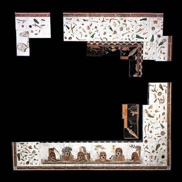 Floor mosaic which depicts the leftovers of a meal on a floor.